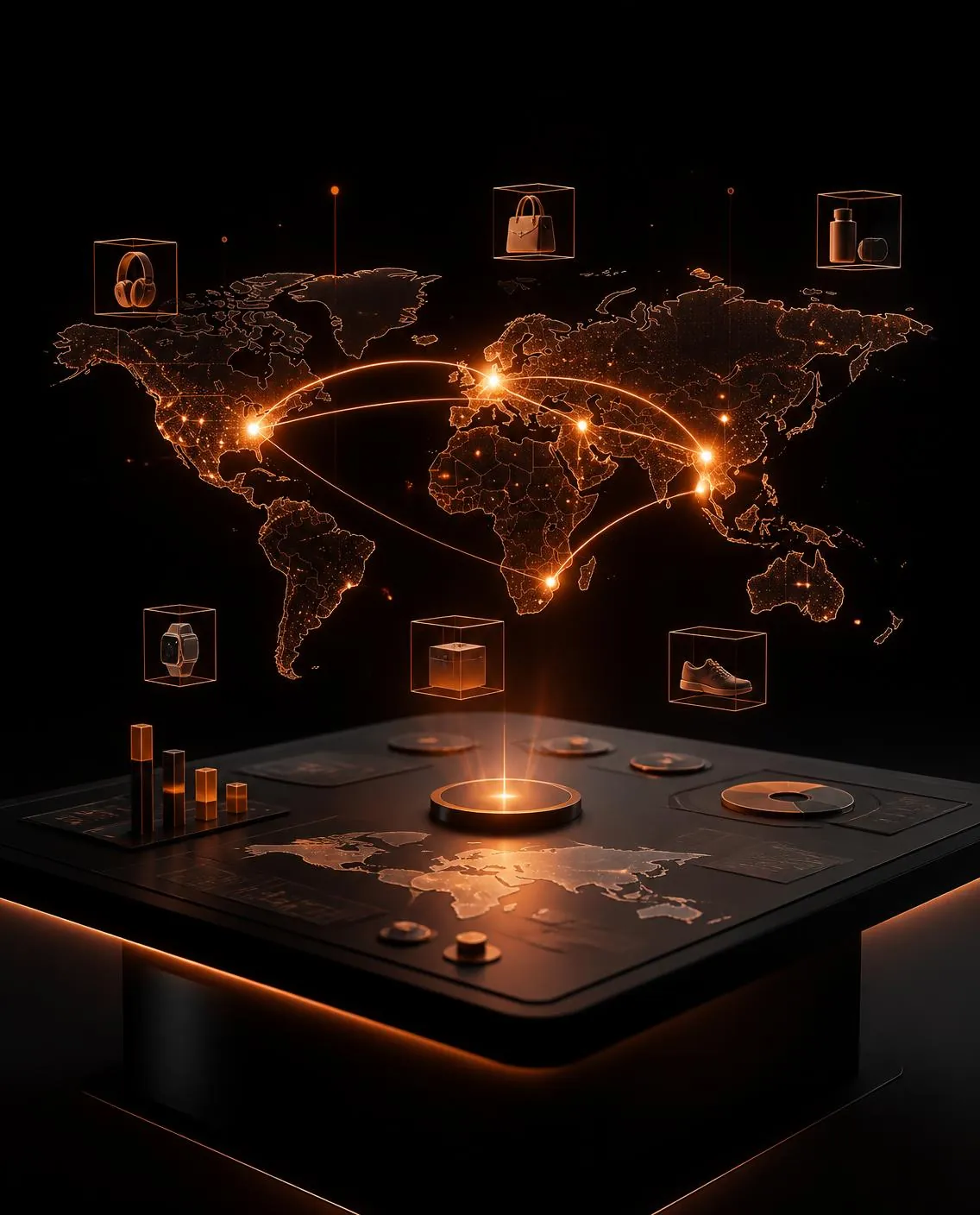 Strategy table under a holographic world map with product routes linking the USA, Europe, the UAE and India