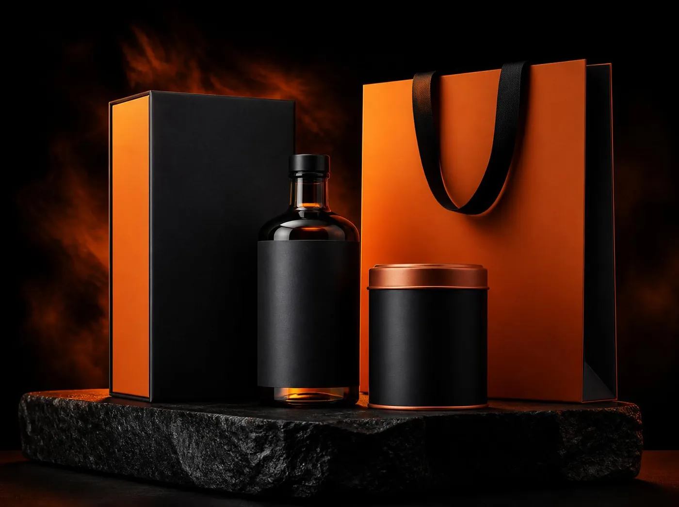Unlabelled premium packaging in black and orange: box, bottle, tin and shopping bag