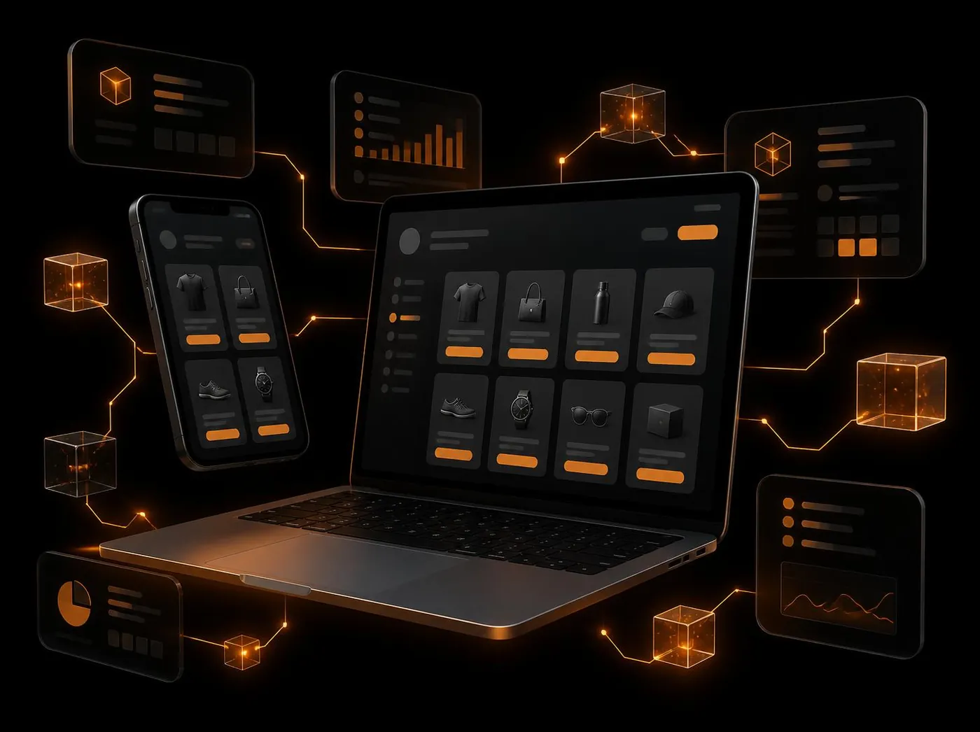 Laptop and phone showing an online store, linked to ERP and inventory data panels
