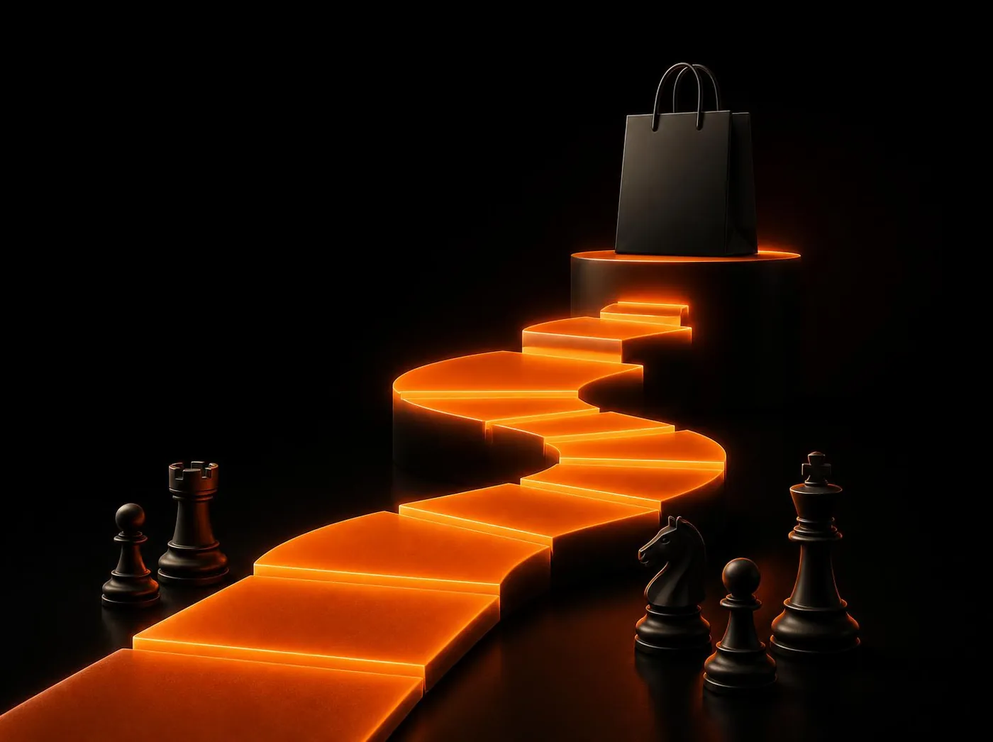 Glowing orange roadmap leading to a shopping bag on a pedestal, with chess pieces for strategy