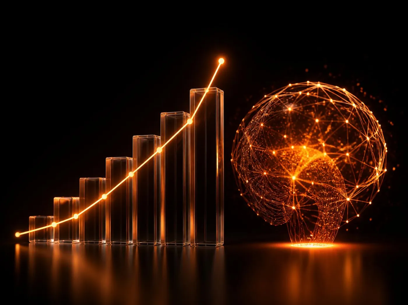 Rising growth chart beside a glowing AI brain network
