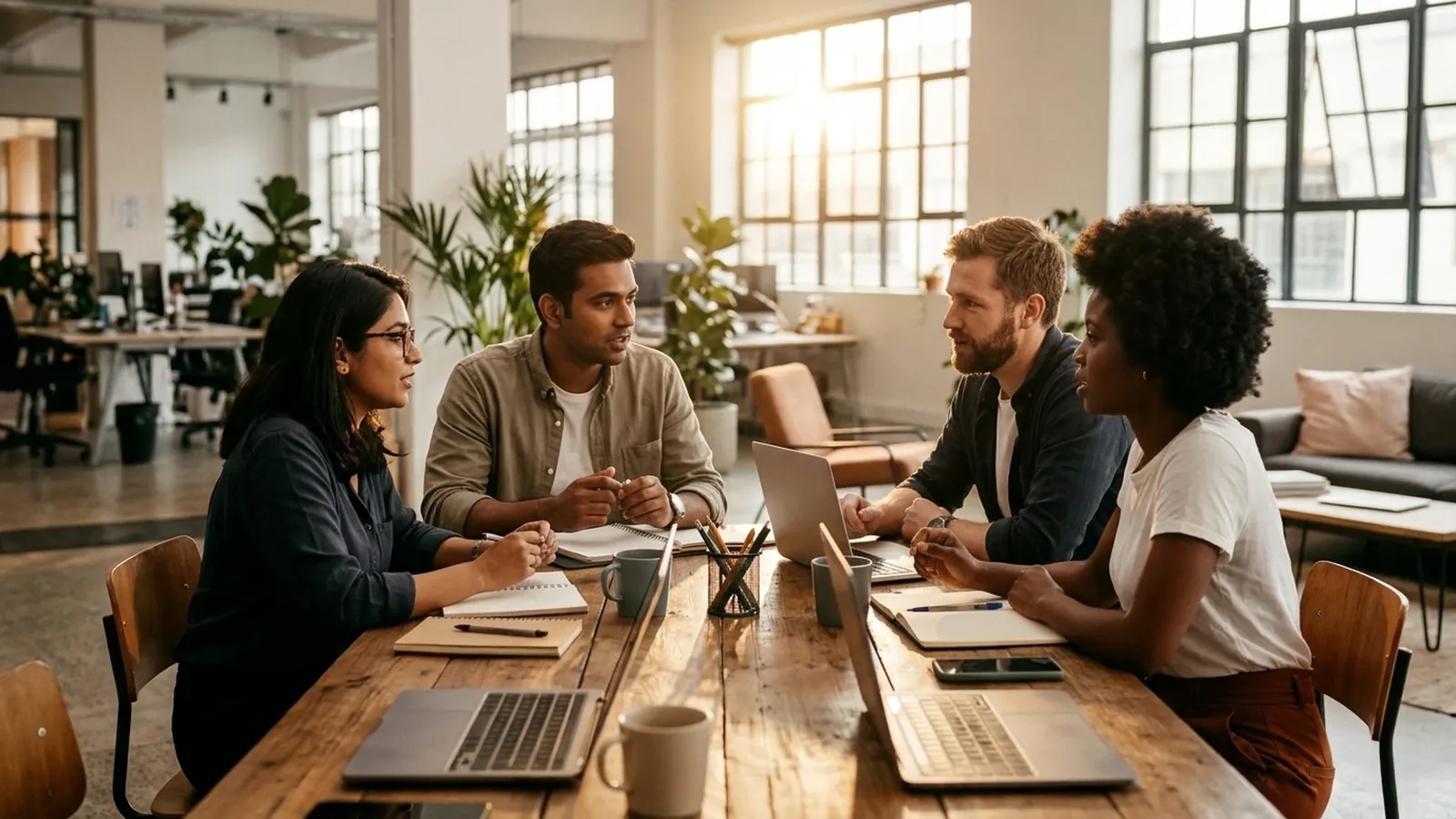 Ecommerce team planning a project together at a long table