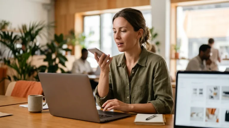 Woman asking an AI assistant a question on her phone while shopping on a laptop