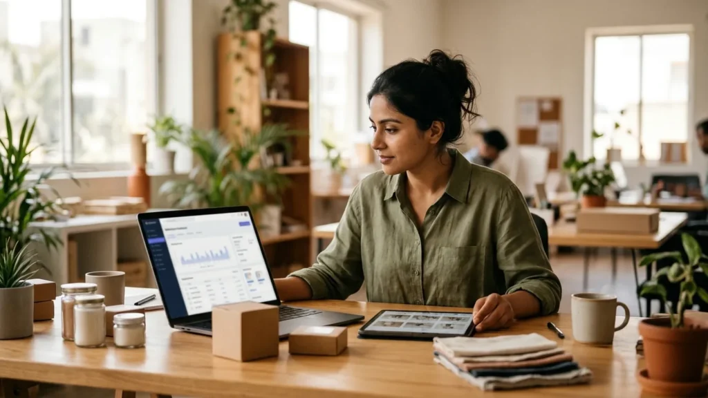 Seller comparing a marketplace dashboard on a laptop with her own store on a tablet