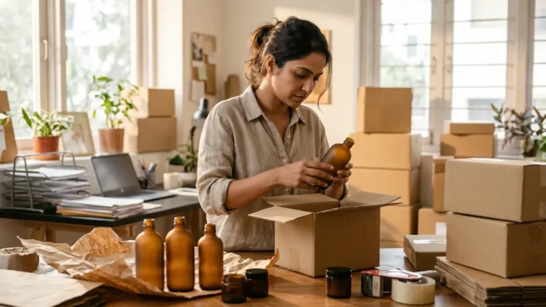 Founder unboxing the first production run of her skincare product in a small studio