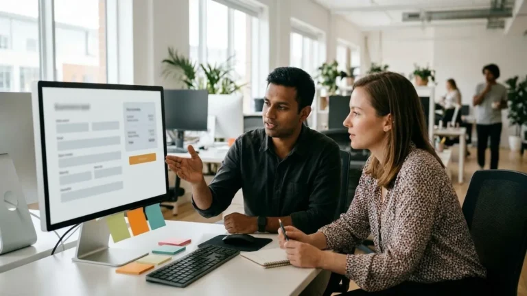 Designer and marketer reviewing a checkout page on a large monitor
