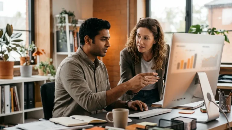 Two colleagues reviewing website analytics on a large monitor