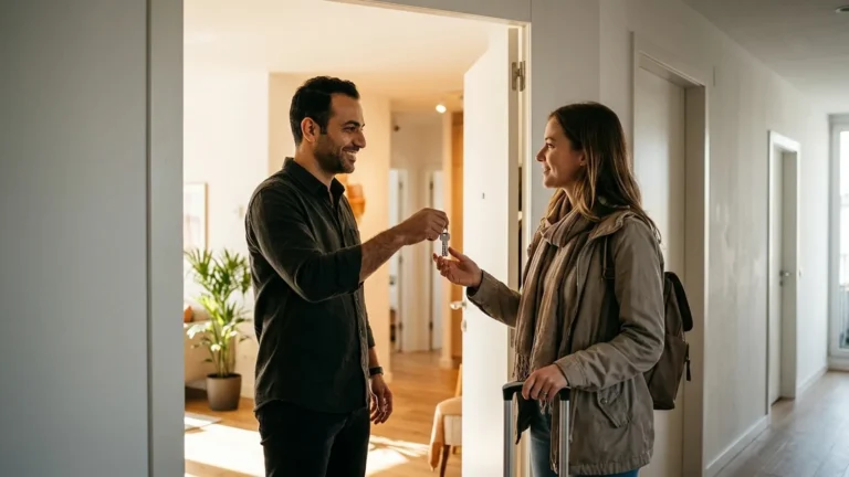 Host handing apartment keys to a traveller at the door