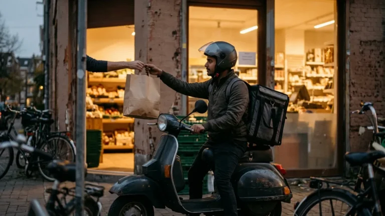 Delivery rider on a scooter collecting a grocery bag from a neighbourhood store