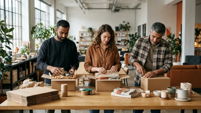 Three small sellers packing their own products at a shared workspace table