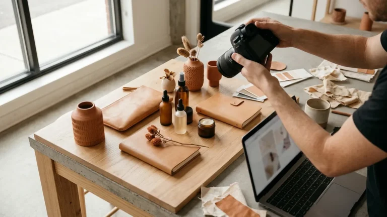 Product flat-lay being photographed from above beside an open laptop