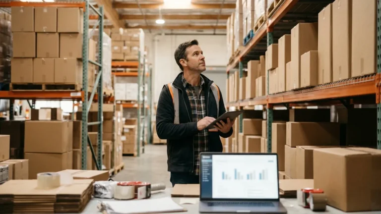 Warehouse manager with a tablet among shelves of boxes, laptop dashboard on a packing table