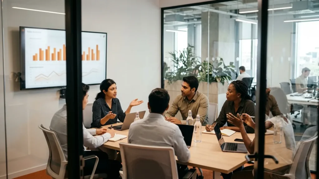 Operations team in a meeting reviewing a sales dashboard on a screen
