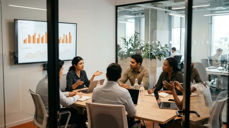Operations team in a meeting reviewing a sales dashboard on a screen