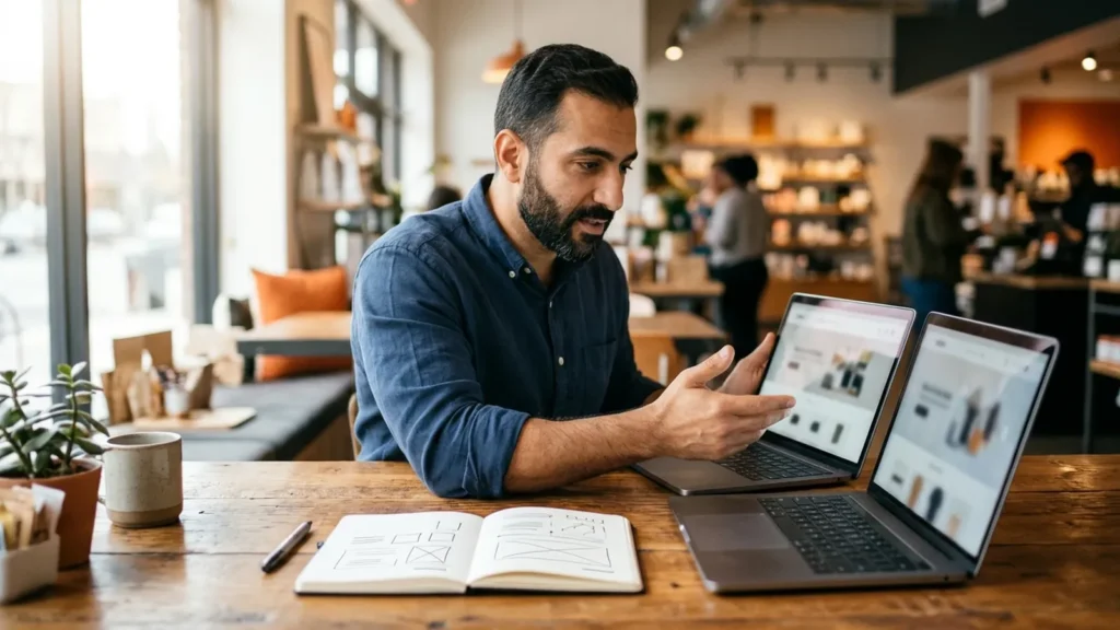 Business owner comparing two online stores on laptops side by side