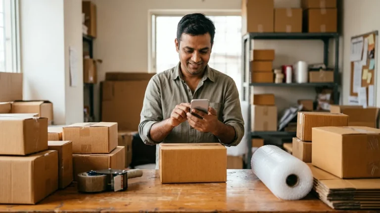 Shop owner replying to customer orders on his phone at a packing counter