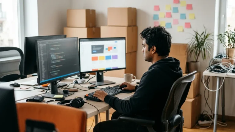 Developer at a desk with two monitors and moving boxes stacked behind